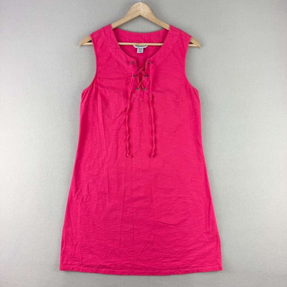 Tommy Bahama Lace Up Shift Dress Women M Pink Casual Sleeveless Cotton Beach